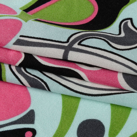 Aqua, Pink and Green Floral Flow Border Print Silk Jersey