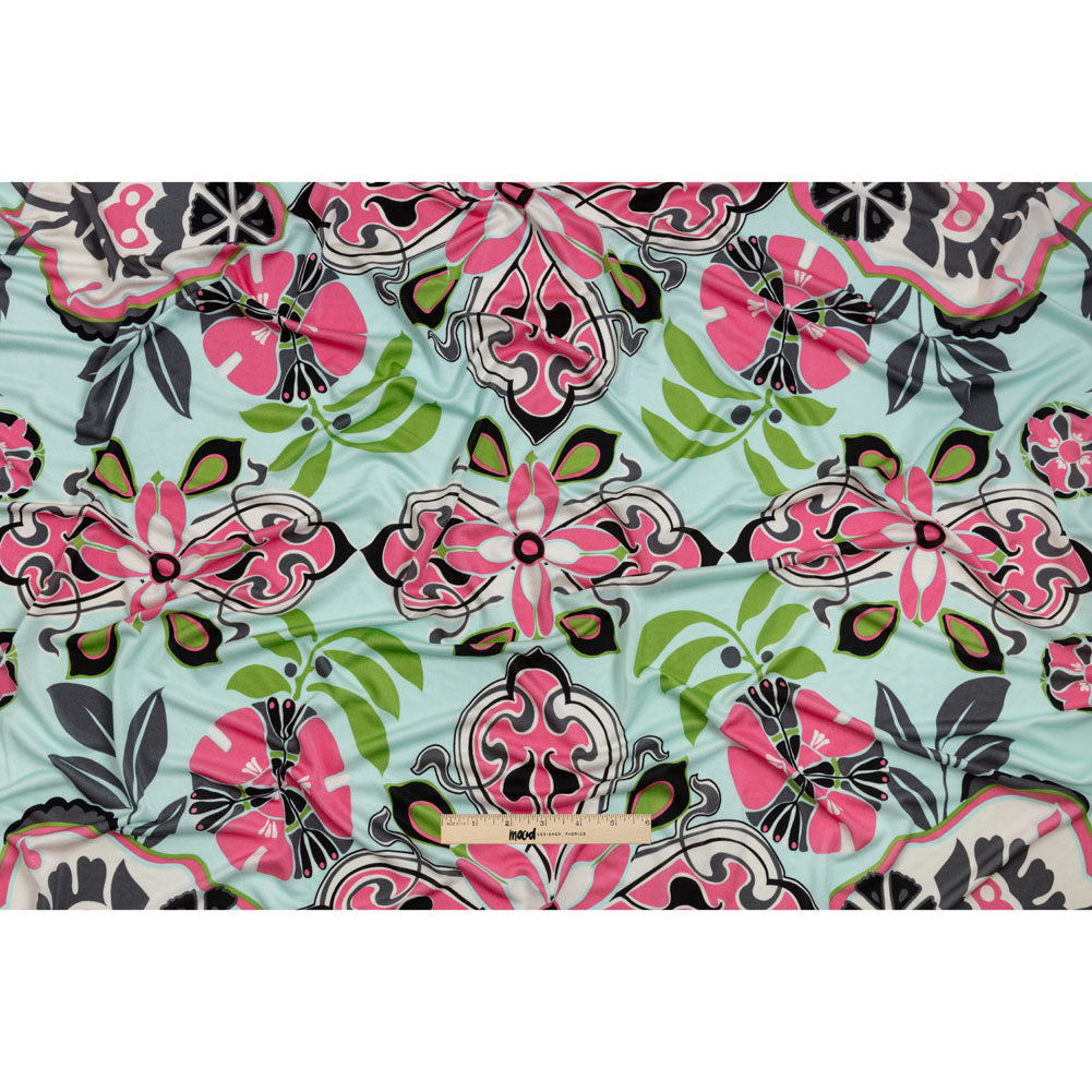 Aqua, Pink and Green Floral Flow Border Print Silk Jersey