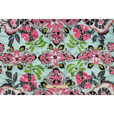 Aqua, Pink and Green Floral Flow Border Print Silk Jersey