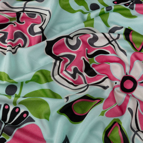 Aqua, Pink and Green Floral Flow Border Print Silk Jersey
