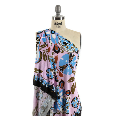 Orchid, Sky and Cinnamon Floral Flow Border Print Silk Jersey