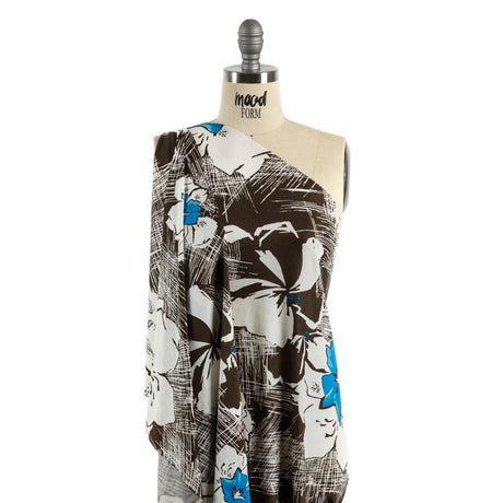 Dark Brown, Bright Blue and Cream Flowers and Crosshatching Silk Jersey