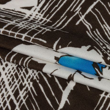 Dark Brown, Bright Blue and Cream Flowers and Crosshatching Silk Jersey