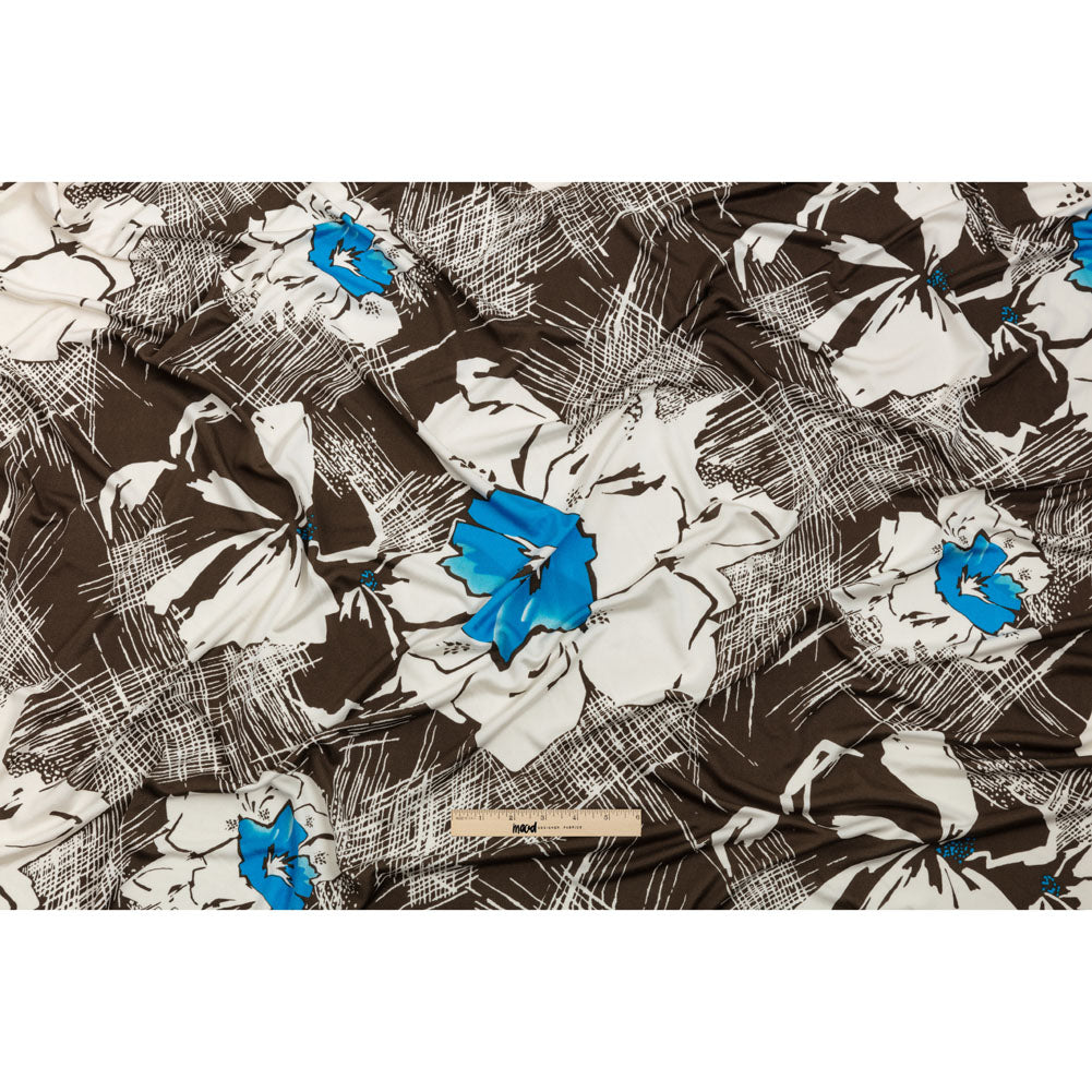 Dark Brown, Bright Blue and Cream Flowers and Crosshatching Silk Jersey