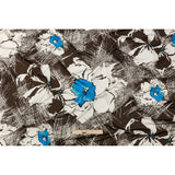 Dark Brown, Bright Blue and Cream Flowers and Crosshatching Silk Jersey
