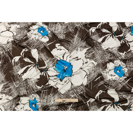 Dark Brown, Bright Blue and Cream Flowers and Crosshatching Silk Jersey