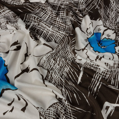 Dark Brown, Bright Blue and Cream Flowers and Crosshatching Silk Jersey