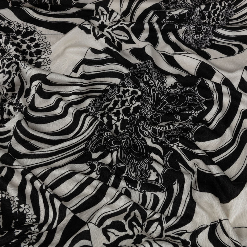 Black and White Floral Delight Silk Jersey
