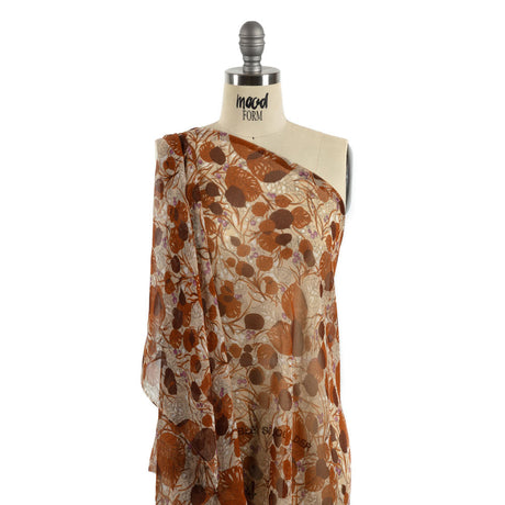 Cinnamon, Cream and Plum Leaves and Berries Silk Chiffon
