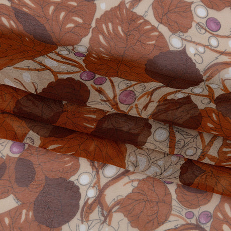 Cinnamon, Cream and Plum Leaves and Berries Silk Chiffon