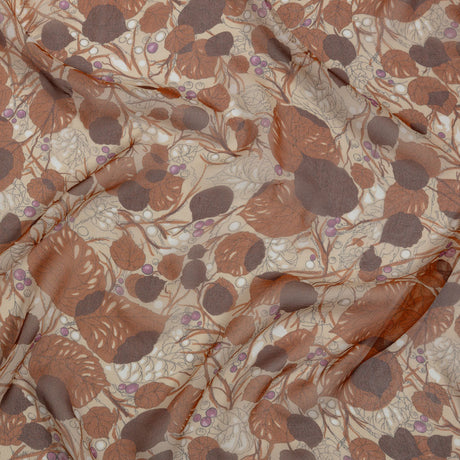 Cinnamon, Cream and Plum Leaves and Berries Silk Chiffon
