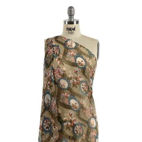 Olive, Blue and Pink Flowers and Frames Silk Chiffon