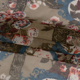 Olive, Blue and Pink Flowers and Frames Silk Chiffon