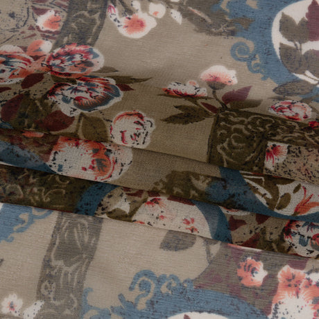 Olive, Blue and Pink Flowers and Frames Silk Chiffon