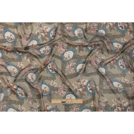 Olive, Blue and Pink Flowers and Frames Silk Chiffon