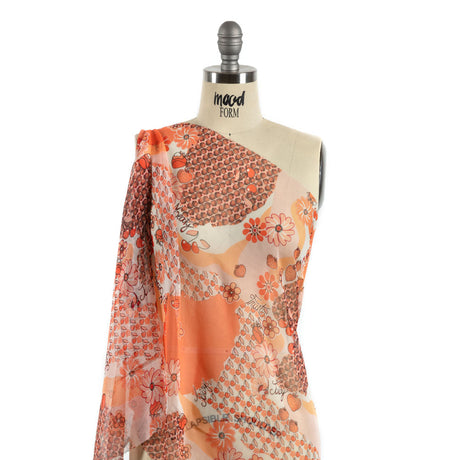 Peach, Orange and White Juicy Fruits Silk Chiffon