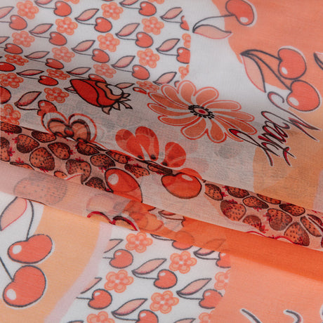 Peach, Orange and White Juicy Fruits Silk Chiffon