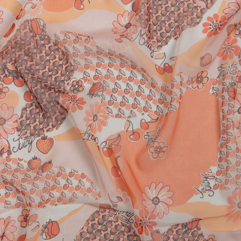 Peach, Orange and White Juicy Fruits Silk Chiffon