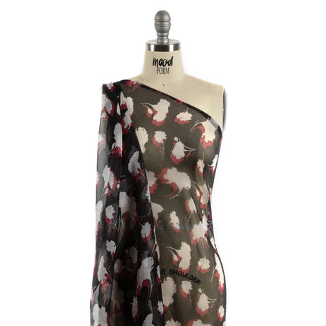 Black, Red and White Echoes of Leaves Crinkled Silk Chiffon