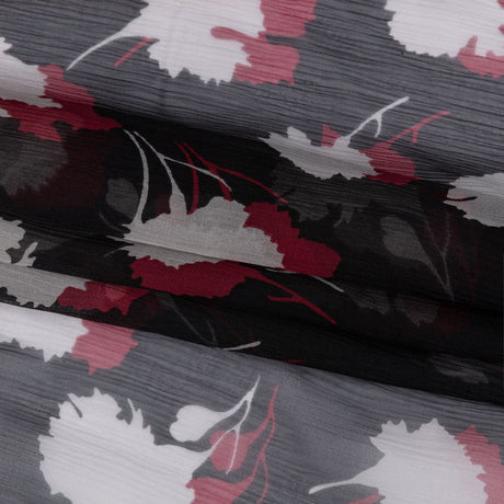 Black, Red and White Echoes of Leaves Crinkled Silk Chiffon