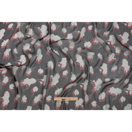 Black, Red and White Echoes of Leaves Crinkled Silk Chiffon