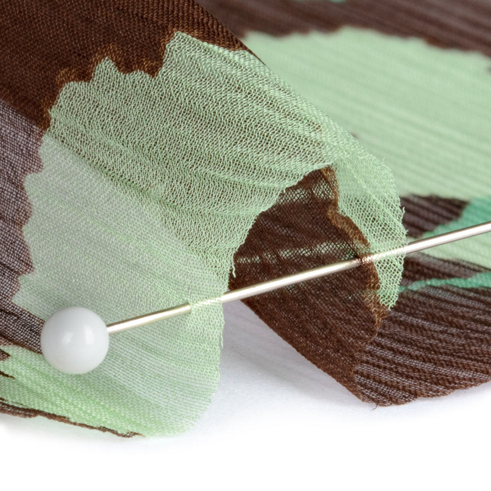 Green and Brown Echoes of Leaves Crinkled Silk Chiffon