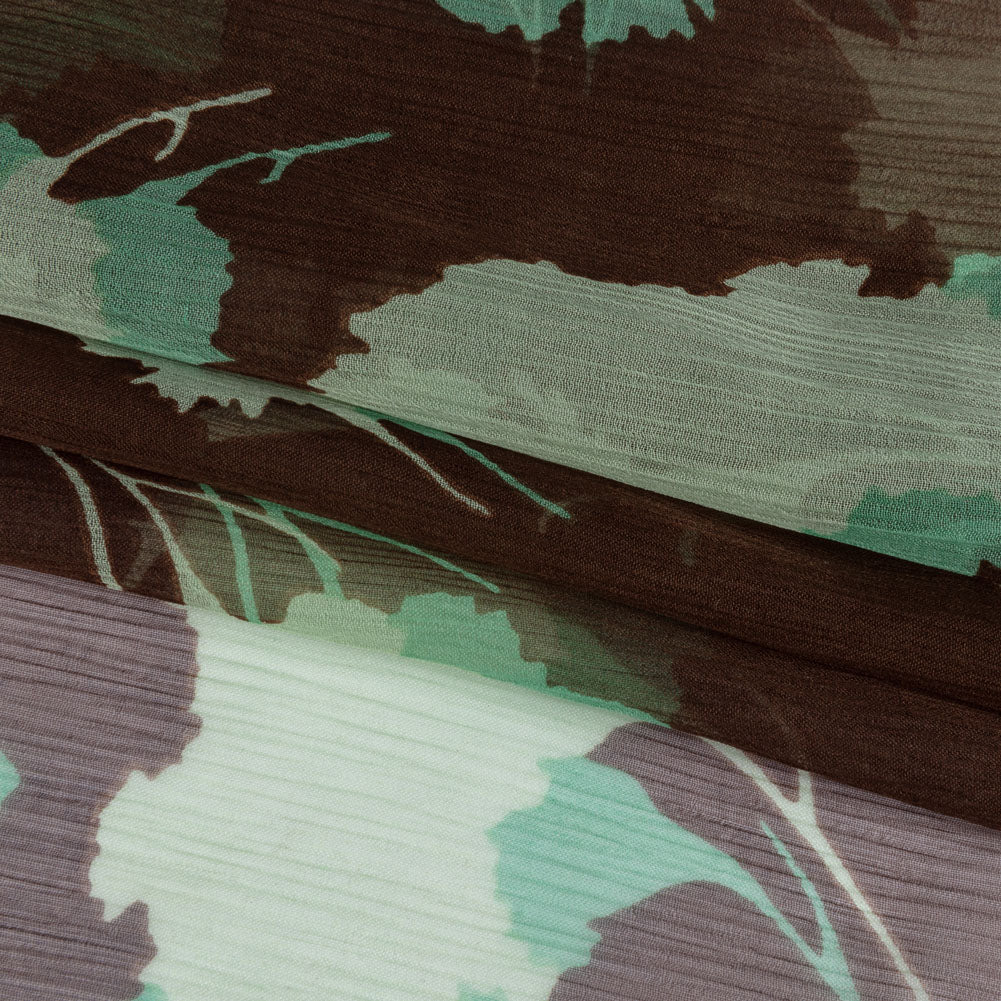 Green and Brown Echoes of Leaves Crinkled Silk Chiffon