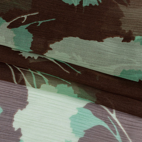 Green and Brown Echoes of Leaves Crinkled Silk Chiffon