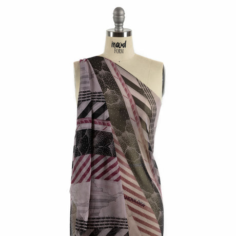 Plum, Black and Lavender Clouds and Stripes Silk Chiffon