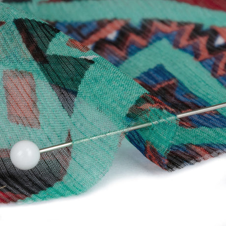 Bright Aqua, Red, and Lime Geometric Stripes Crinkled Silk Chiffon