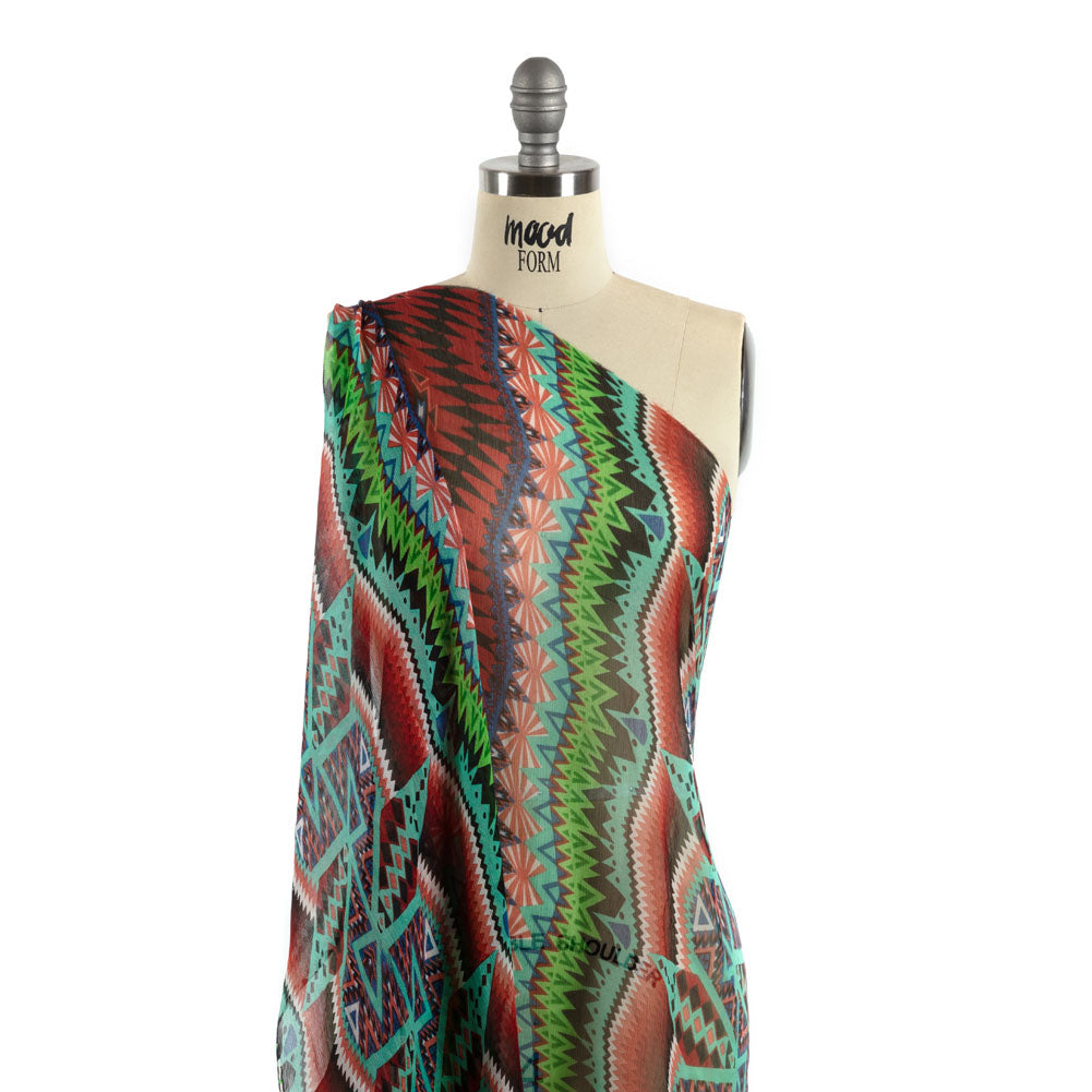Bright Aqua, Red, and Lime Geometric Stripes Crinkled Silk Chiffon