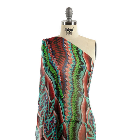 Bright Aqua, Red, and Lime Geometric Stripes Crinkled Silk Chiffon