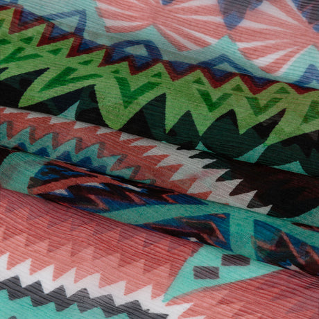 Bright Aqua, Red, and Lime Geometric Stripes Crinkled Silk Chiffon