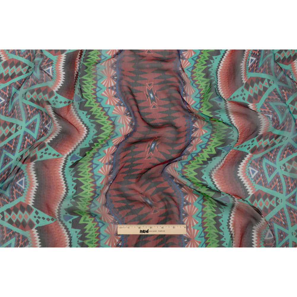Bright Aqua, Red, and Lime Geometric Stripes Crinkled Silk Chiffon