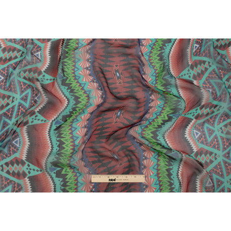 Bright Aqua, Red, and Lime Geometric Stripes Crinkled Silk Chiffon