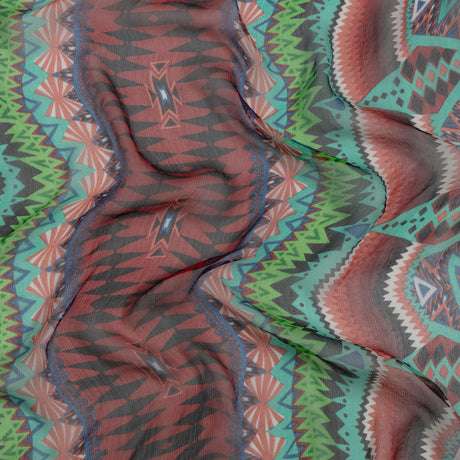 Bright Aqua, Red, and Lime Geometric Stripes Crinkled Silk Chiffon