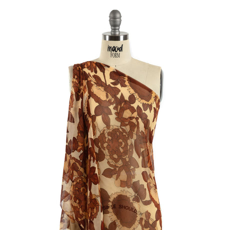 Brown and Tan Painted Flowers Silk Chiffon