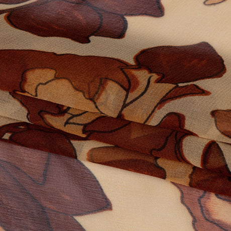 Brown and Tan Painted Flowers Silk Chiffon
