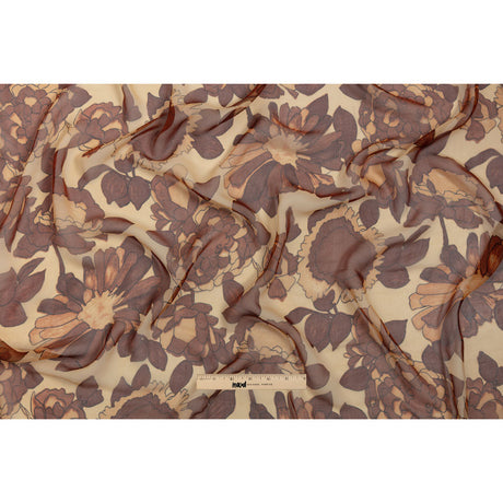 Brown and Tan Painted Flowers Silk Chiffon