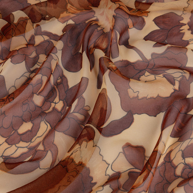 Brown and Tan Painted Flowers Silk Chiffon