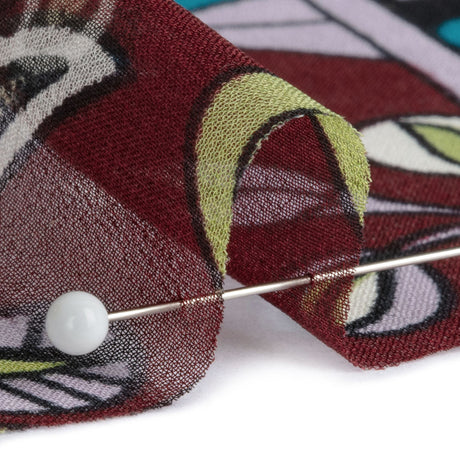 Wine, Turquoise and Lime Florals and Border Stripes Silk Chiffon