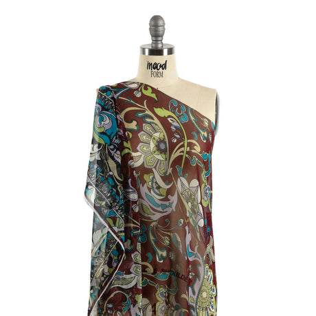 Wine, Turquoise and Lime Florals and Border Stripes Silk Chiffon