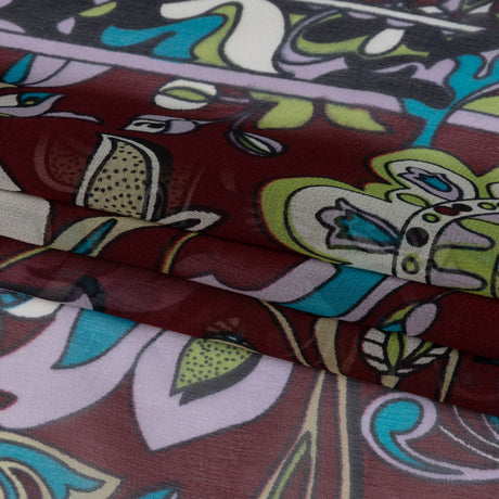 Wine, Turquoise and Lime Florals and Border Stripes Silk Chiffon