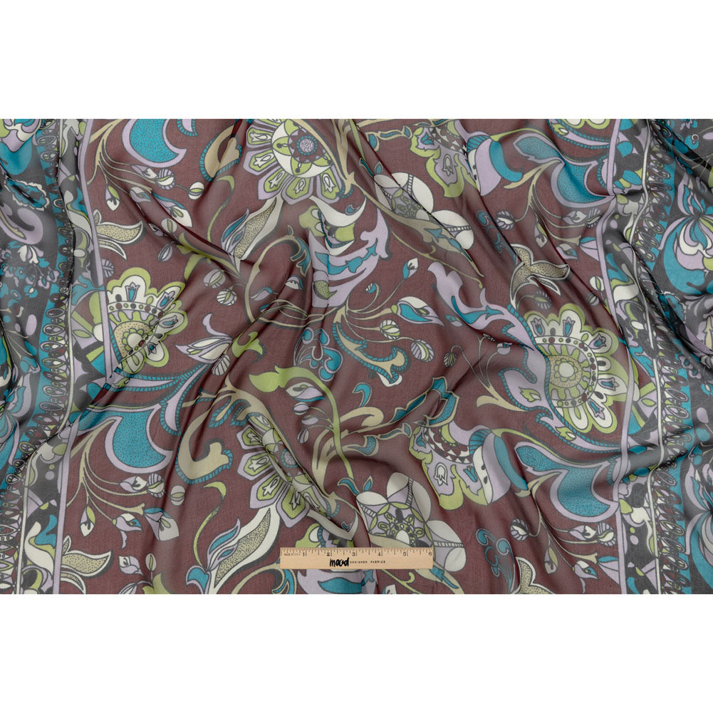 Wine, Turquoise and Lime Florals and Border Stripes Silk Chiffon