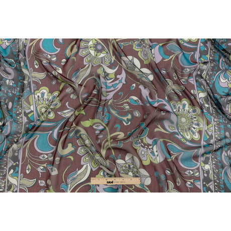 Wine, Turquoise and Lime Florals and Border Stripes Silk Chiffon