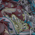 Wine, Turquoise and Lime Florals and Border Stripes Silk Chiffon