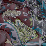 Wine, Turquoise and Lime Florals and Border Stripes Silk Chiffon