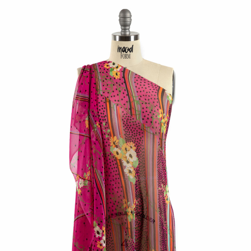 Hot Pink, Yellow and Green Stripes, Spots and Flowers Silk Chiffon