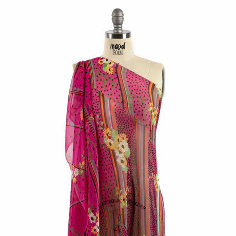 Hot Pink, Yellow and Green Stripes, Spots and Flowers Silk Chiffon
