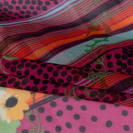 Hot Pink, Yellow and Green Stripes, Spots and Flowers Silk Chiffon
